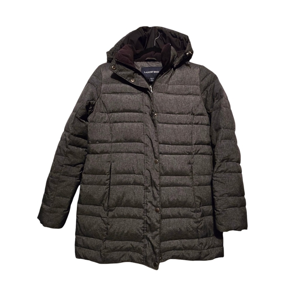 Lands End Womens Down Puffer Coat XS 2-4 Gray Hood Zip Snaps Pockets EUC Winter